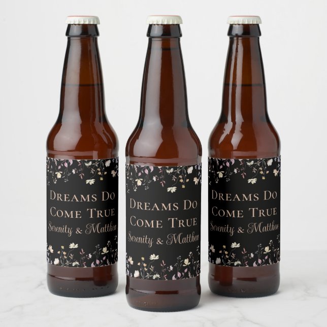 Elegant Floral Black Boho Wedding Reception Beer Bottle Label (Bottles)
