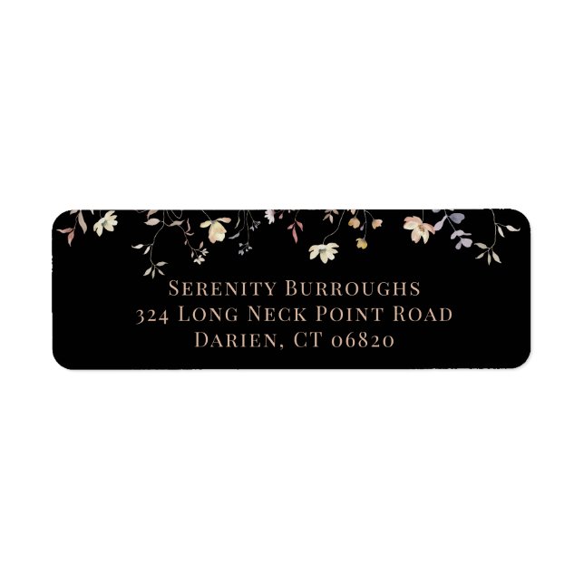 Elegant Floral Black Boho Wedding Return Address (Front)