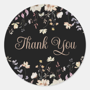 Elegant Floral Black Boho Wedding Thank You Classic Round Sticker