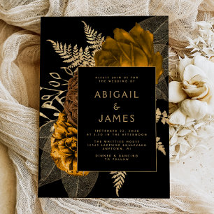 Elegant Floral Black Burnt Orange Gold Wedding Invitation