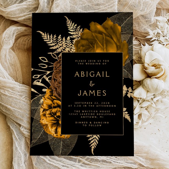 Elegant Floral Black Burnt Orange Gold Wedding Invitation (Creator Uploaded)