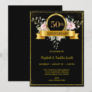 Elegant Floral Black Gold 50th Anniversary Invitation