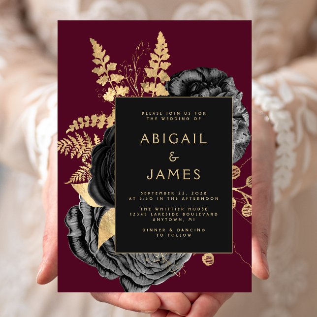 Elegant Floral Black Gold Burgundy Wedding Invitation (Creator Uploaded)