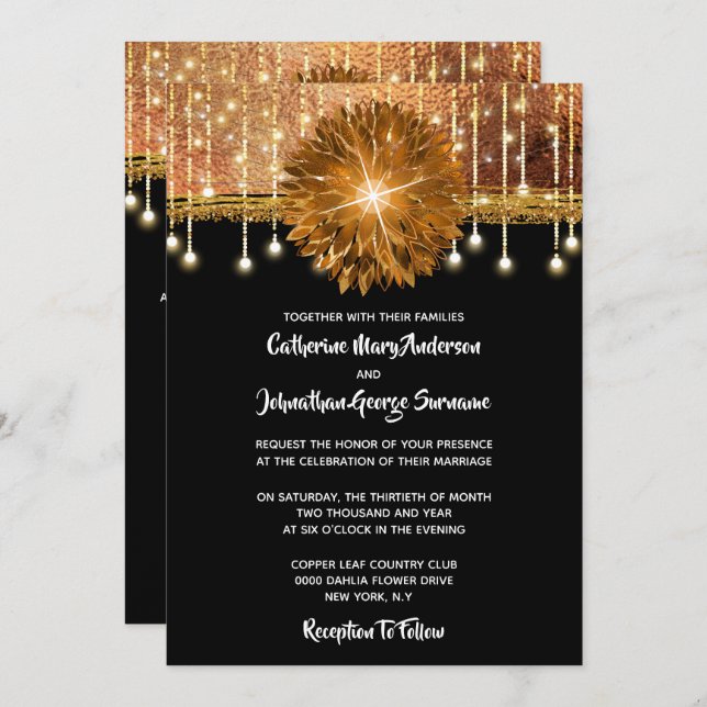 Elegant Floral black gold copper wedding party Invitation (Front/Back)
