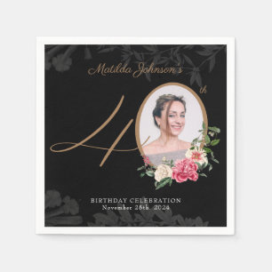 Elegant Floral Black Gold Custom 40th Birthday Napkin