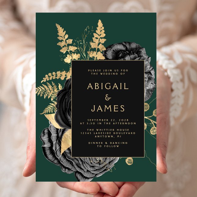 Elegant Floral Black Gold Emerald Green Wedding Invitation (Creator Uploaded)