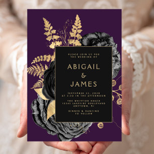 Elegant Floral Black Gold Purple Wedding Invitation