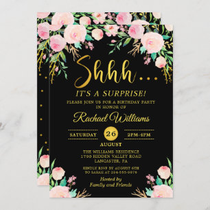 Elegant Floral Black Gold Surprise Birthday Party Invitation