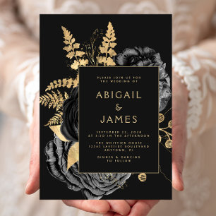 Elegant Floral Black Gold Wedding Invitation