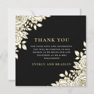 Elegant Floral Black Gold White Thank You Card 