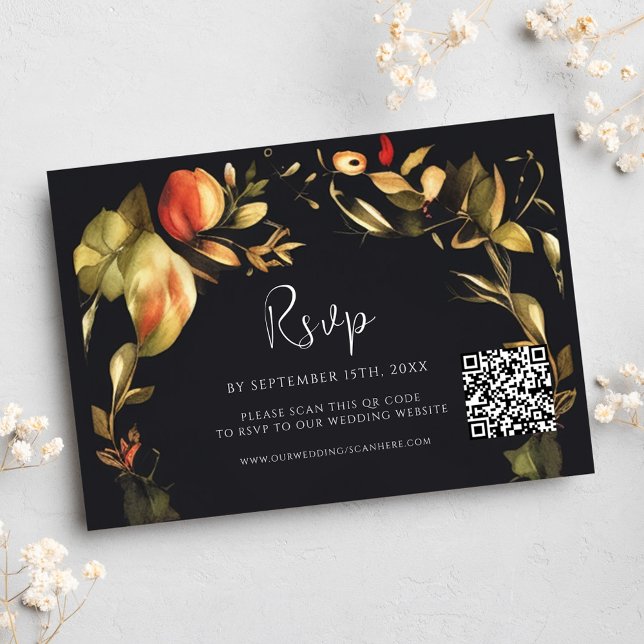 Elegant Floral Black QR Code Wedding RSVP Card (Elegant Floral Black QR Code Wedding RSVP Card)