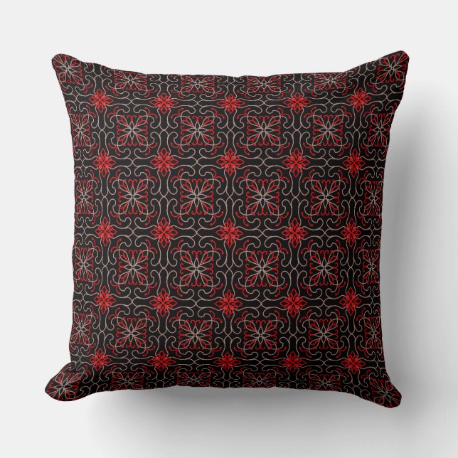 Elegant Floral Black Red Ornate Pattern Design Cushion (Front)
