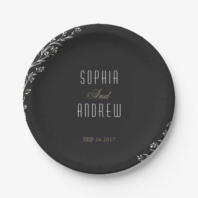 Elegant floral black rustic wedding monogram paper plate (Front)