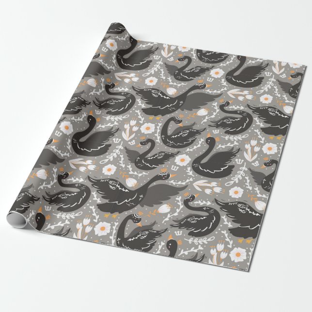 Elegant Floral Black Swan Pattern Wrapping Paper (Unrolled)