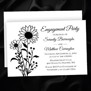 Elegant Floral Black White Engagement Party Invitation