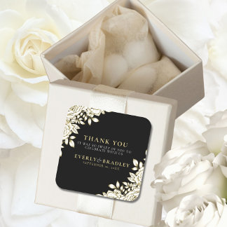 Elegant Floral Black White Gold Minimal Wedding Square Sticker
