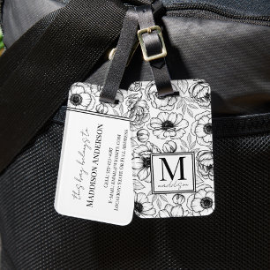 Elegant Floral Black White Name Monogram Luggage Tag