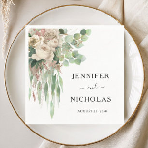 Elegant Floral Black & White Peonies Wedding Napkin
