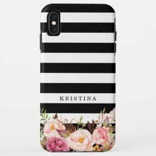 Elegant Floral Black White Striped Monogram Name iPhone XS Max Case