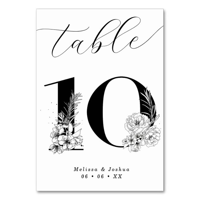 Elegant Floral Black & White Table 10 Number (Front)