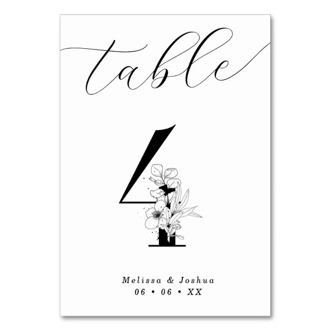 Elegant Floral Black & White Table 4 Number (Front)