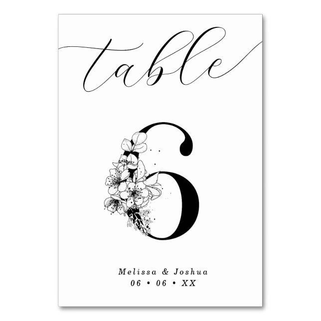 Elegant Floral Black & White Table 6 Number (Front)