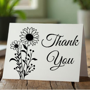 Elegant Floral Black White Wildflowers Wedding  Thank You Card