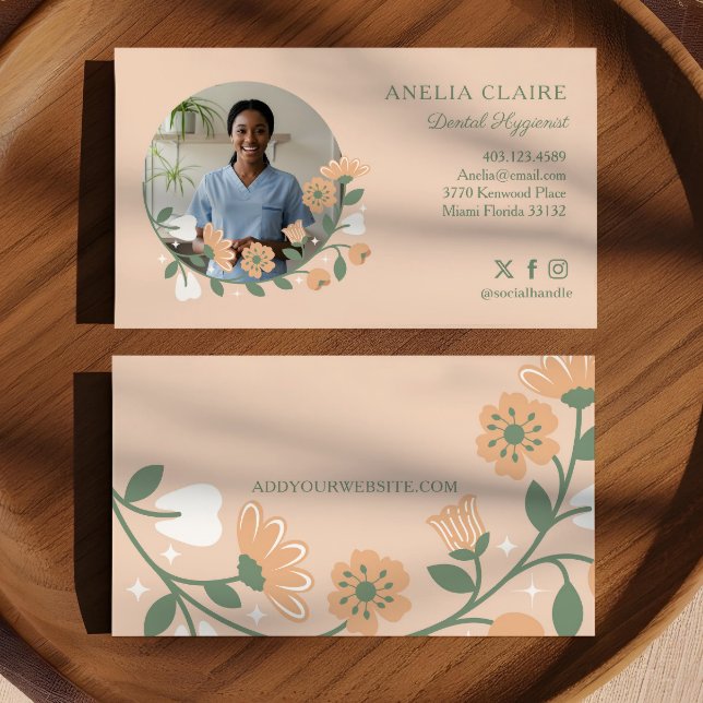 Elegant Floral Blooming Dental Hygienist Photo Business Card (Elegant Floral Blooming Dental Hygienist Photo Business Card)