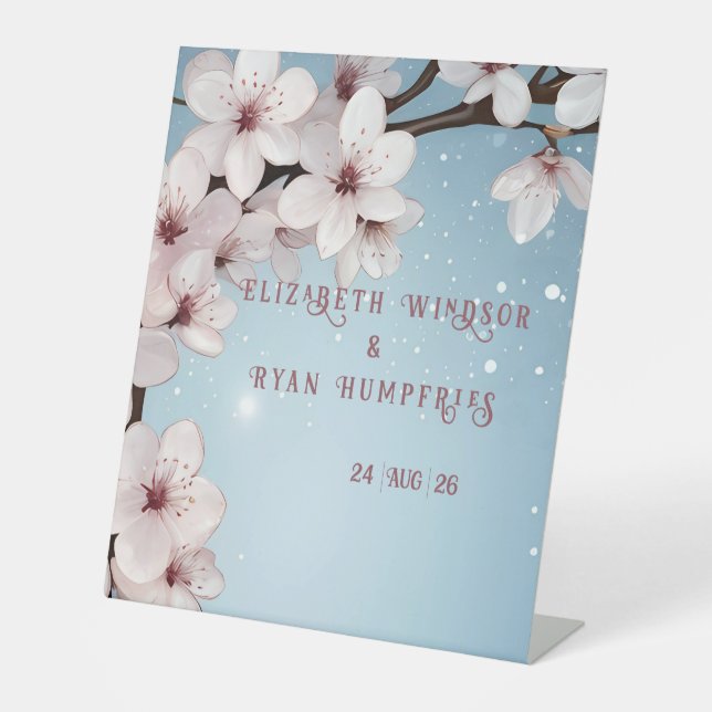 Elegant Floral Blossom Wedding Invitation Design Pedestal Sign (Front)