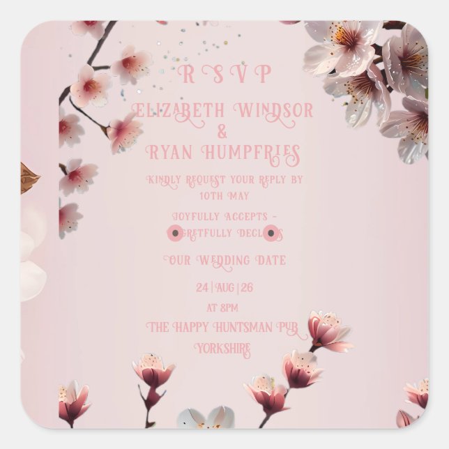 Elegant Floral Blossom Wedding Invitation Design S Square Sticker (Front)