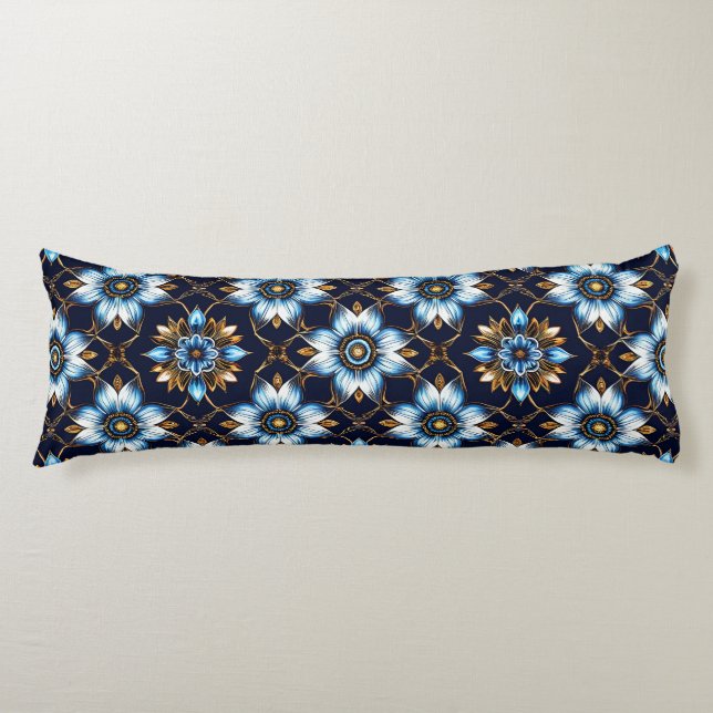 Elegant Floral Blue and Gold Pattern Body Cushion (Front)