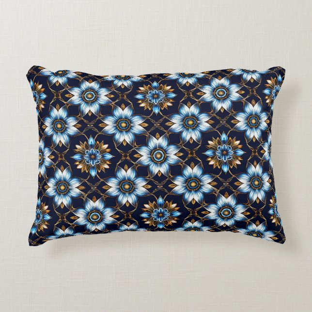 Elegant Floral Blue and Gold Pattern Decorative Cushion (Front)