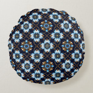 Elegant Floral Blue and Gold Pattern Round Cushion