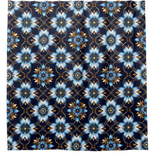 Elegant Floral Blue and Gold Pattern Shower Curtain (Front)