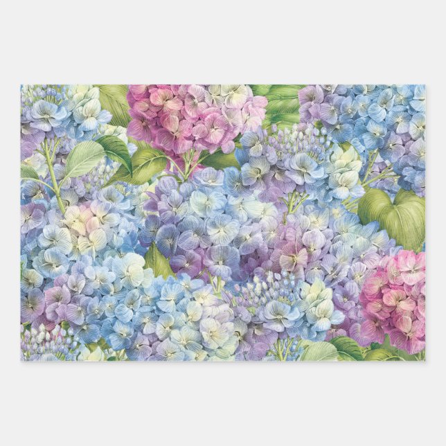 Elegant Floral Blue and Pink Hydrangea Pattern Wrapping Paper Sheet (Front)