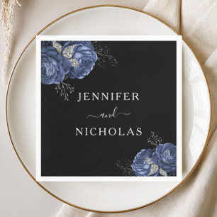 Elegant Floral Blue Black Wedding Napkin