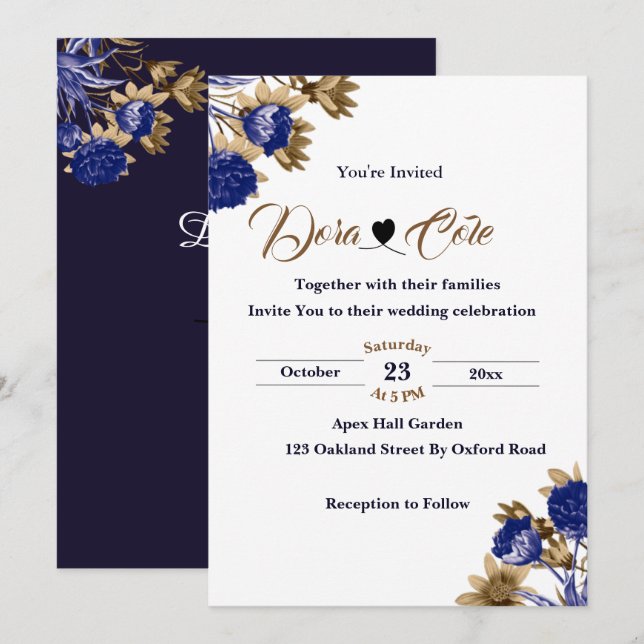 Elegant Floral Blue & Brown Watercolor Wedding Invitation (Front/Back)