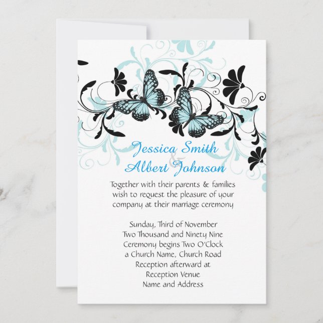 Elegant Floral Blue Butterfly Wedding Invite (Front)