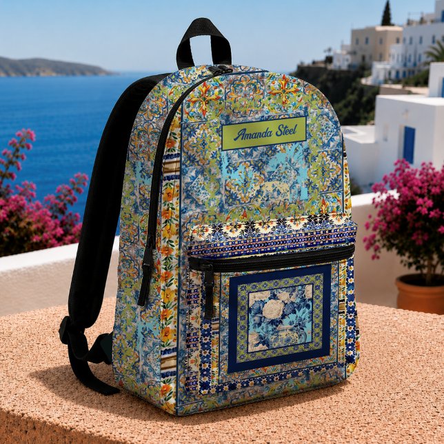 Elegant floral blue chinoiserie tile monogram printed backpack (Creator Uploaded)