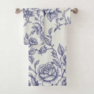 Elegant Floral Blue Cream Roses Toile de Jouy Bath Towel Set