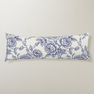 Elegant Floral Blue Cream Roses Toile de Jouy Body Cushion