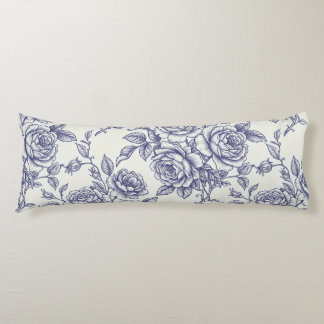 Elegant Floral Blue Cream Roses Toile de Jouy Body Cushion