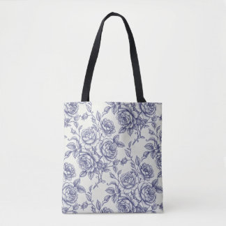 Elegant Floral Blue Cream Roses Toile de Jouy Tote Bag