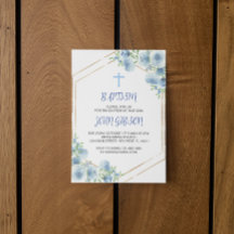 Elegant Floral Blue Cross Baptism Boy Invitation 