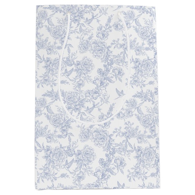 Elegant Floral Blue French Toile  Medium Gift Bag (Front)