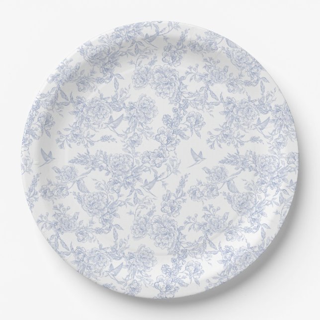 Elegant Floral Blue French Toile  Paper Plate (Front)