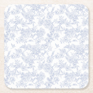 Elegant Floral Blue French Toile Square Paper Coaster