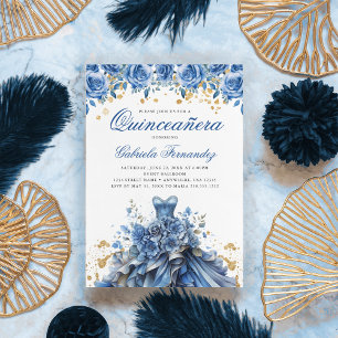 Elegant Floral Blue Gold Dress Quinceanera Invitation