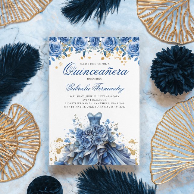 Elegant Floral Blue Gold Dress Quinceanera Invitation (Creator Uploaded)