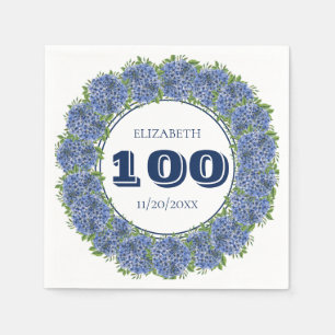 Elegant Floral Blue Hydrangea 100th Birthday Party Napkin
